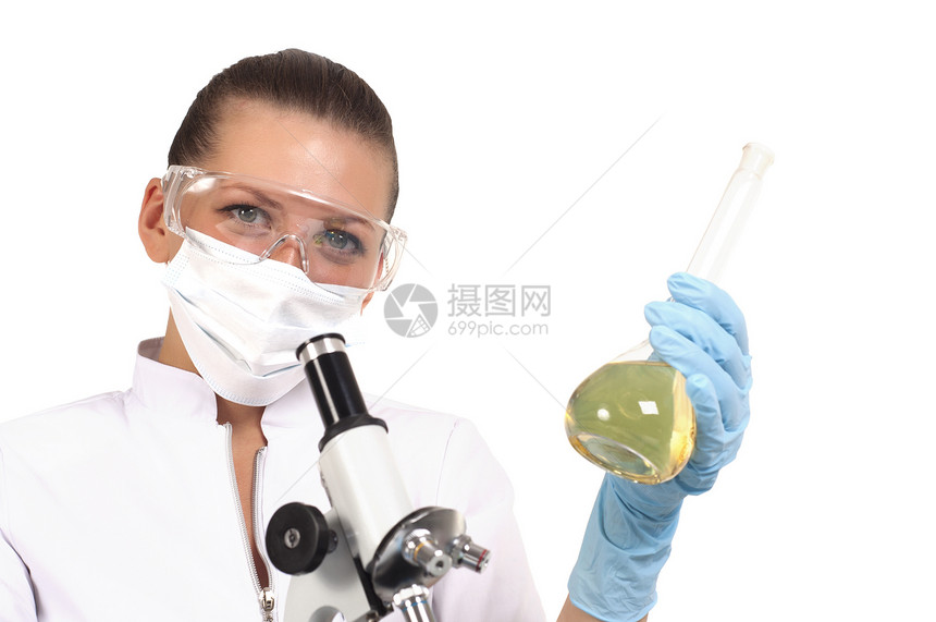 美容女科学家在实验室里工作学习塑料液体生物学女士面具管子科学蓝色技术员图片