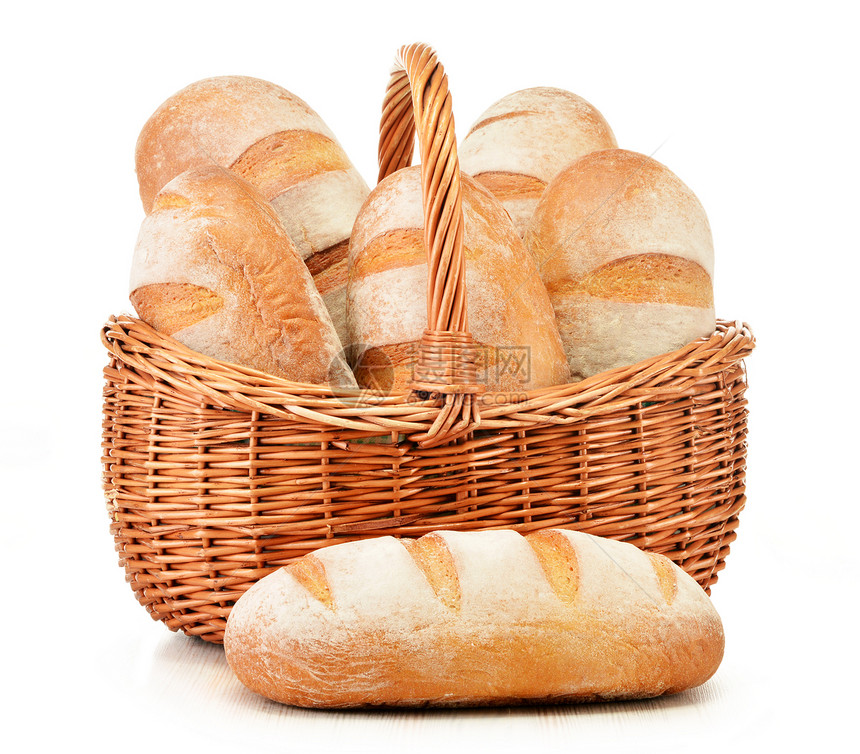 白边隔绝的韦德篮子中面包包面包烘烤白色杂货店粮食产品柳条谷物食物图片
