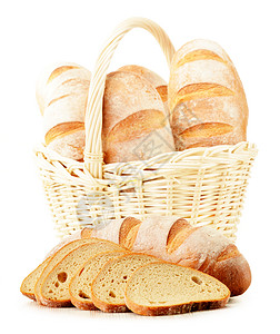 白边隔绝的韦德篮子中面包包食物柳条烘烤杂货店白色产品面包谷物粮食背景图片