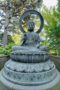 加州金麻石旧金山日美花园的青铜佛雕像背景