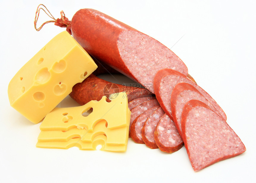 带奶酪的新鲜香肠白色饮食猪肉盘子火腿食物图片