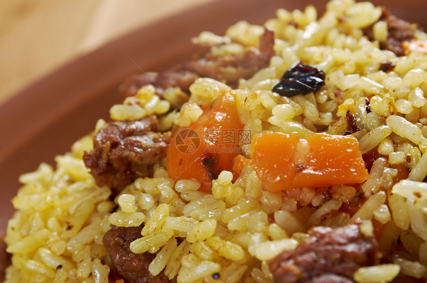 传统东方比拉fcolor胡椒脊品味羊肉美食牛肉葡萄干胡椒蔬菜香料午餐图片