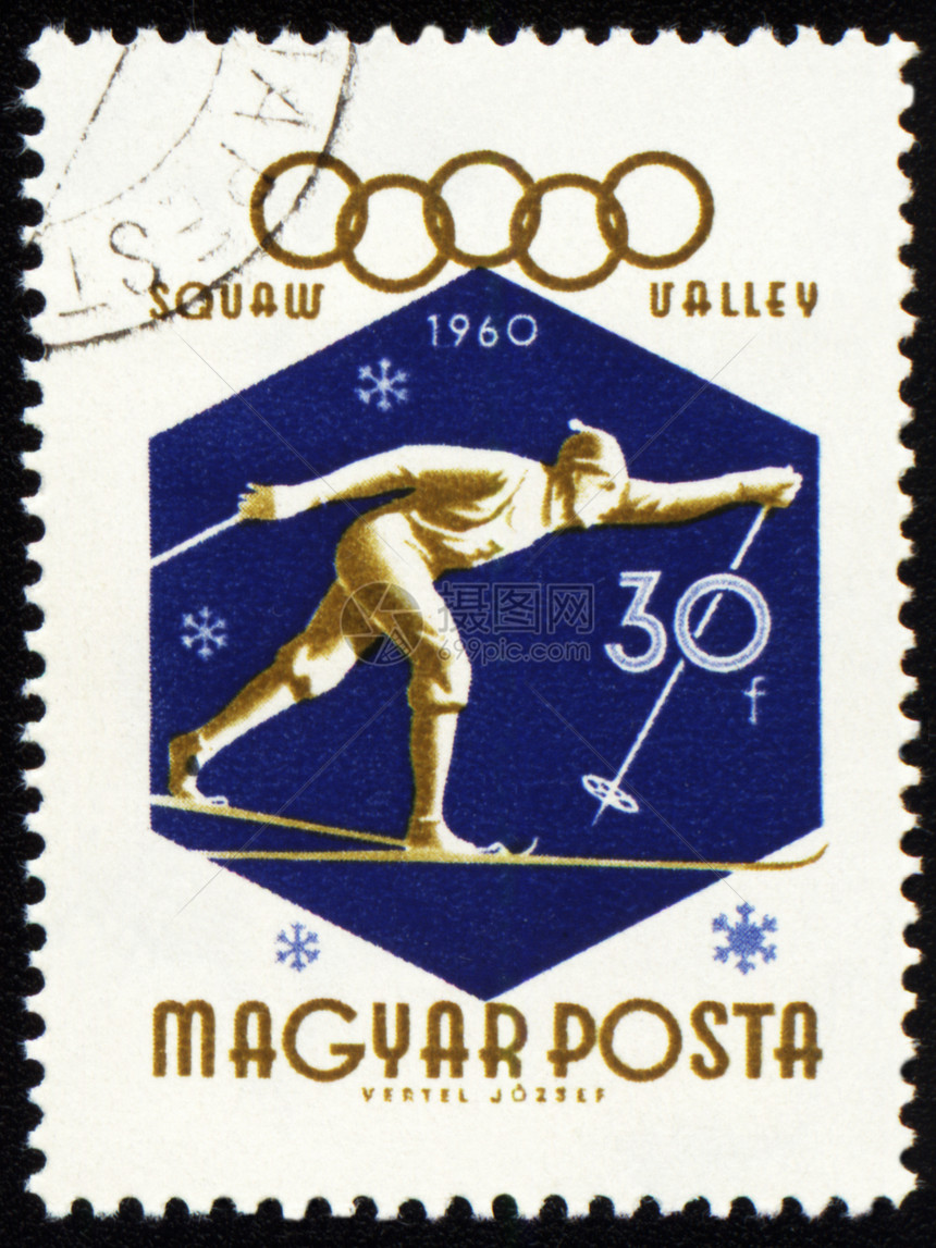 邮戳上正在跑的滑雪者蓝色标签集邮滑雪板插图活动邮政锦标赛运动优势图片