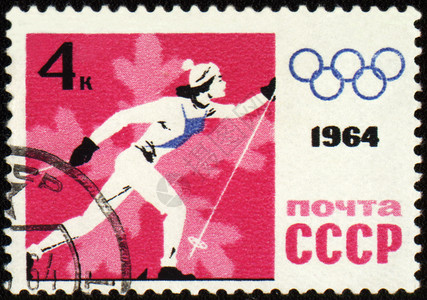 奥林匹克竞赛邮戳上正在跑的滑雪者滑雪板集邮通讯行动戒指运动员竞赛女孩历史跑步背景