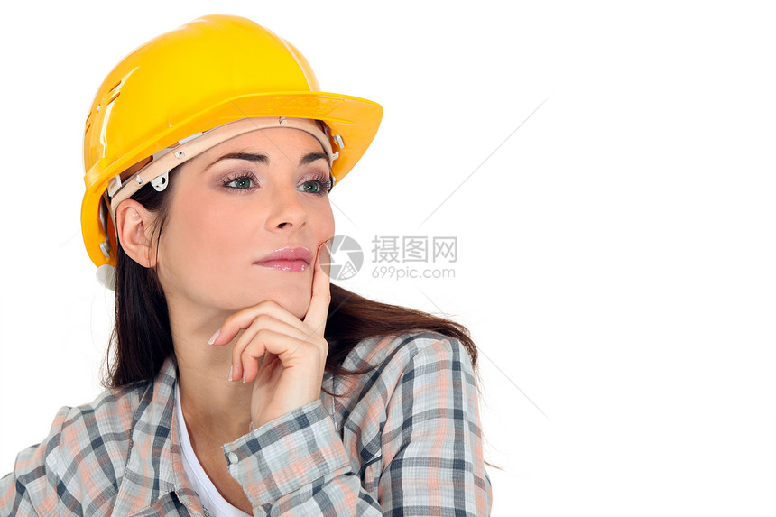 女性建设者检查员工程学徒女孩员工经理工程师思考设计师承包商图片