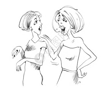 两个妇女说话漫画八卦插图草图艺术黑色讲话绘画背景图片