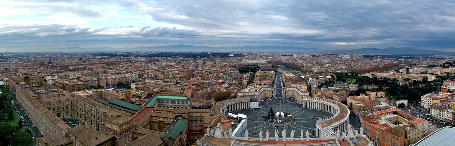 来自梵蒂冈圣彼得大教堂顶端的罗马全景背景图片
