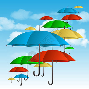 高飞的矢量多彩雨伞气象庇护所乐趣插图雨滴生活自由下雨绘画天空背景图片