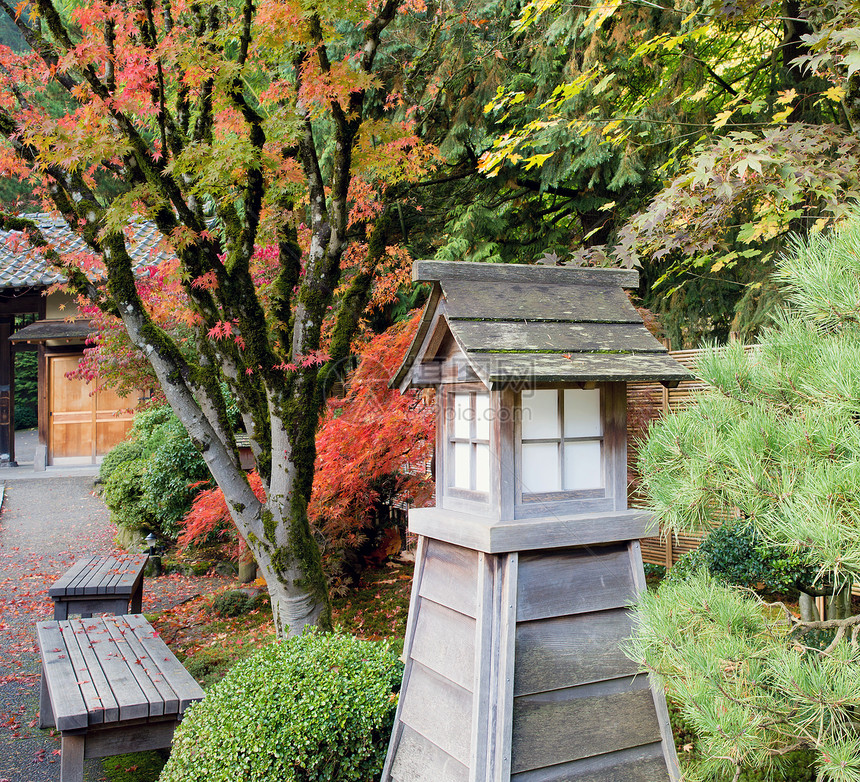 秋天的日本花园公园小屋图片