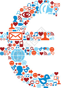 网络设置图标以欧元符号设置的社交媒体图标插画