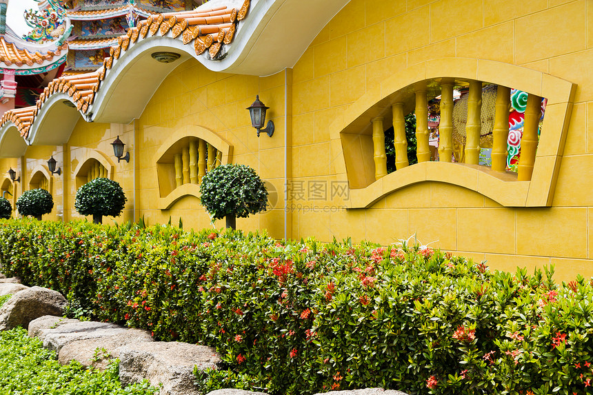 中国神庙的混凝土墙壁石板做工石头屋檐雕塑建筑锥度庇护所橙子寺庙图片