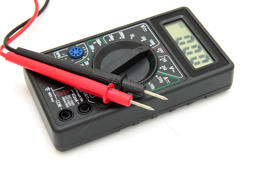 白色背景的数位多米维修万用表工具诊断反抗红色金属乐器测试电压图片