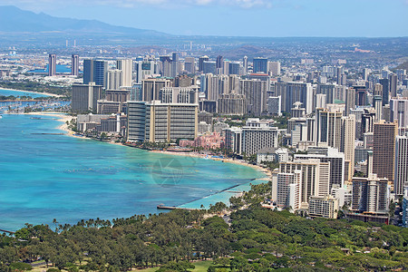 阿罗纳湖火奴鲁鲁的空中天线 包括Waikiki B周围的旅馆背景