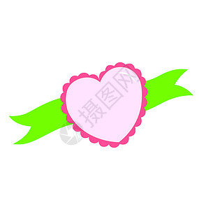 绿色心形丝带爱情消息邀请函丝带问候语绿色粉色插画