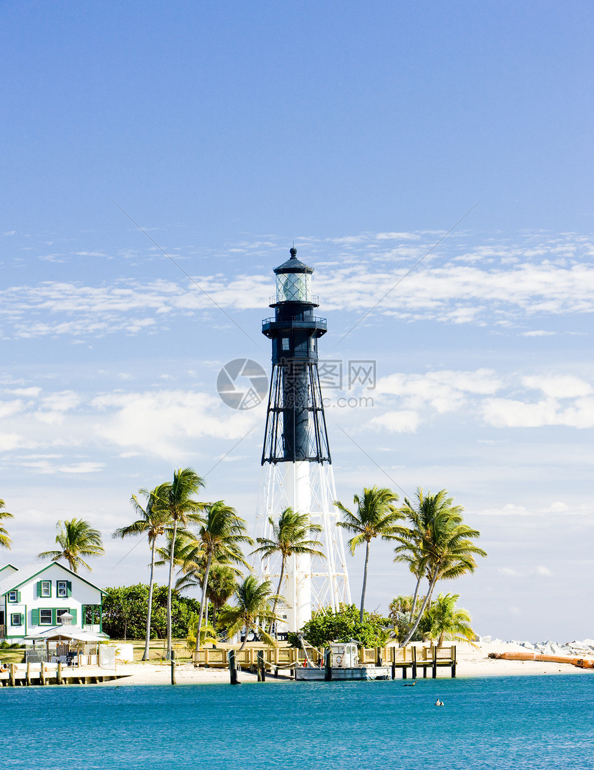 美国佛罗里达Pompano海滩灯塔导航手掌棕榈安全海洋热带旅行位置海岸图片