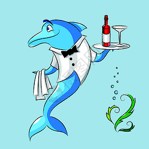 小的托盘海豚是服务员插画