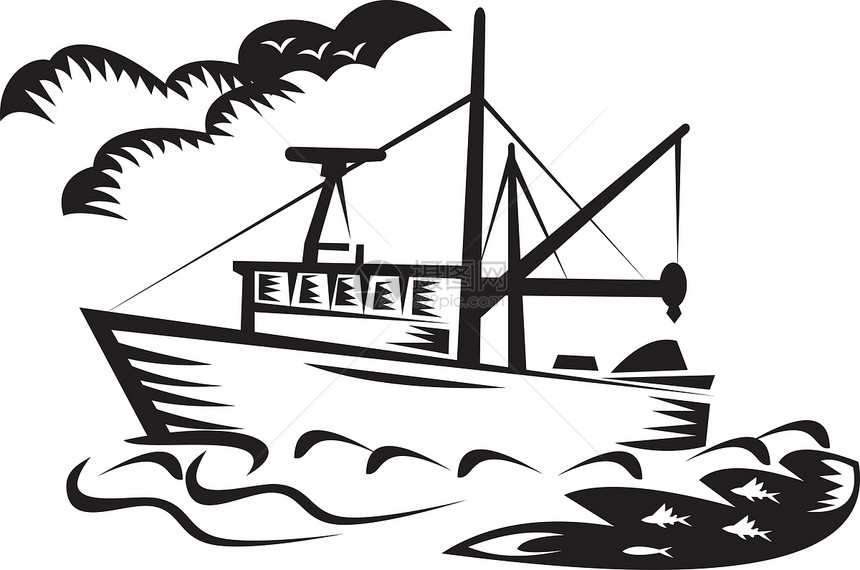 商号渔船船舶海上木柴切割黑与白血管插图波浪艺术品图片