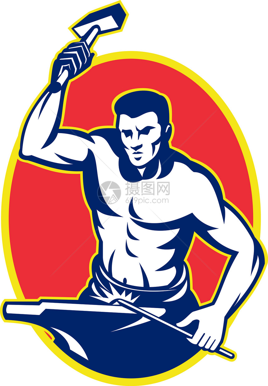 铁匠用锤子敲打铁男人零售商男性工人艺术品椭圆形插图图片