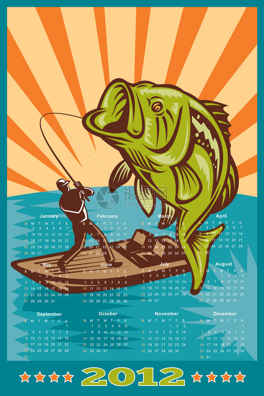 2012年 大茅斯巴斯 的海报日历低音大口渔夫插图图片