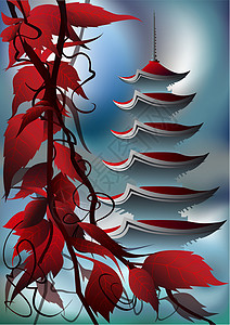 红叶树日出时的塔插画
