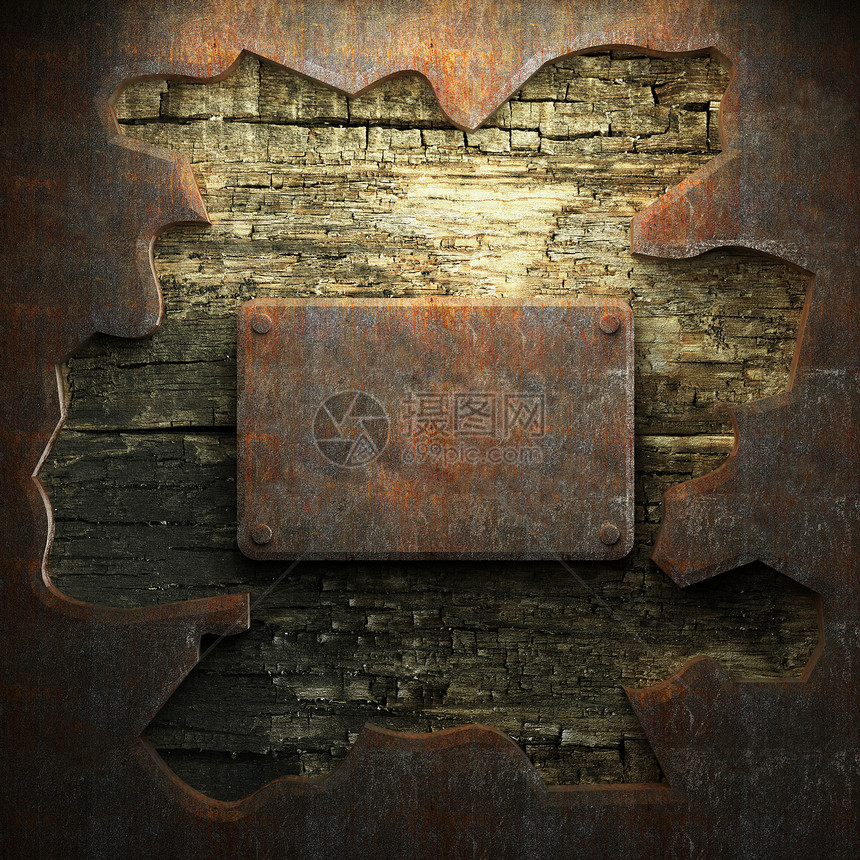 生锈金属和木板木头棕色正方形风化古董材料瓦楞盘子图片