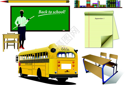 返校 学校设备 矢量公共汽车铅笔图书架子绿色学习黄色椅子房间粉笔背景图片