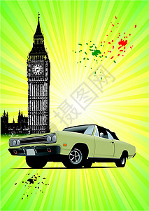 伦敦海报印迹优惠券运输轿车蓝色节选车辆销售旅行敞篷车背景图片
