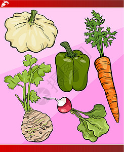 约根森蔬菜成套卡通画插图食物团体南瓜萝卜胡椒白色饮食芹菜橙子绿色插画