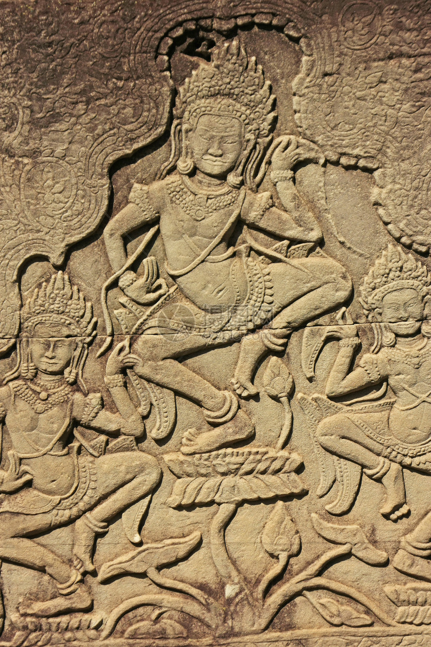 阿帕萨拉舞者墙壁雕刻 拜顿寺庙收获飞天高棉语地标建筑舞蹈家文明纪念碑微笑石头图片