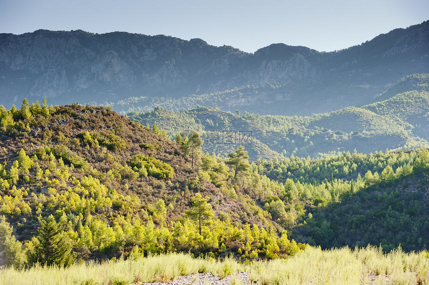 绿山丘 在背景中 土耳其森林风景岩石荒野阳光天空山峰国家太阳石头图片