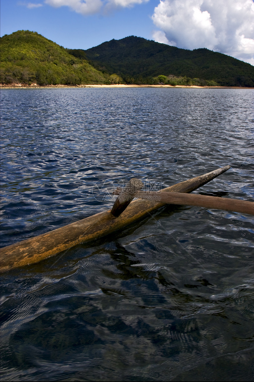 航帆棕榈木头石头海岸线海藻蓝色假期航行海滩浅蓝色图片