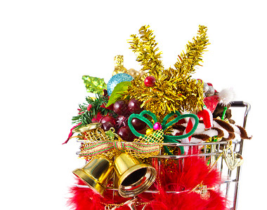 圣诞节装饰销售金子季节性白色派对购物车红色新年驯鹿购物背景图片