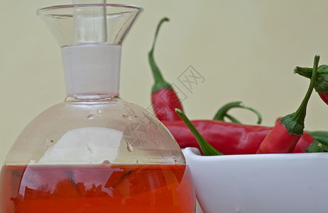 辣椒油胡椒盘子玻璃桌子红色背景图片