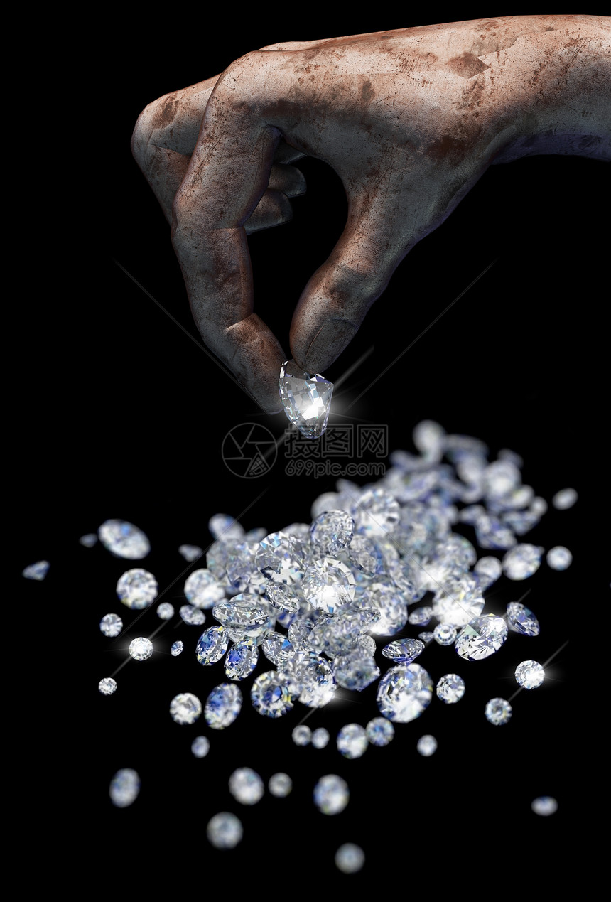 黑面和手上的钻石财富成功贪婪折射奢华蓝色亮度矿业矿物反射图片