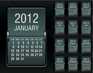 90年回忆机械计分板上可编辑的2012年日历插画