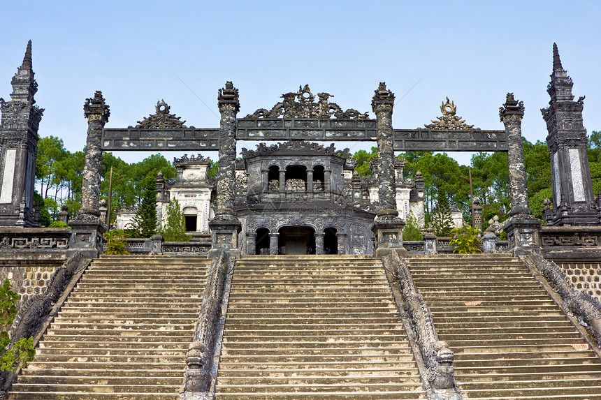 Thien Mu 塔工艺历史性宝塔色调雕像灰色蓝色工匠宗教棕色图片