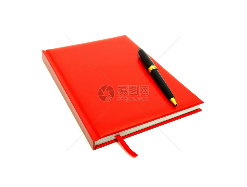 红日记和笔在白色上图片