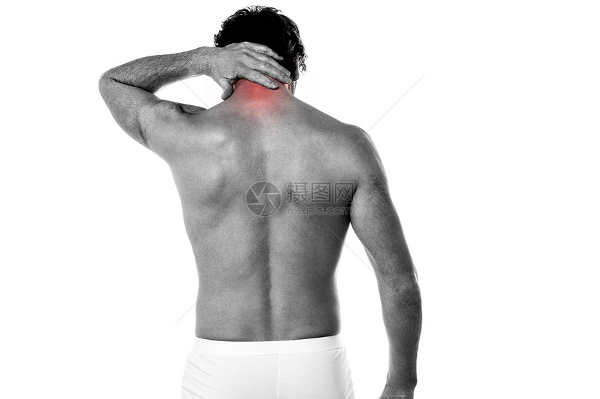年青男人脖子痛按摩膀子中年伤害状况疼痛身体苦难治疗痛苦图片
