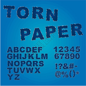 撕破纸字体字母边缘白色废料蓝色数字标点模仿材料背景图片