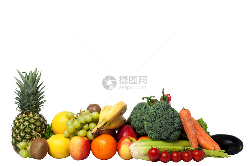 新鲜水果和蔬菜辣椒香蕉萝卜收成沙拉白色营养维生素茄子饮食图片