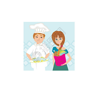 厨师专注厨师提供菜盘卡通片厨房食物购物烹饪专注沙拉绘画成人插图设计图片