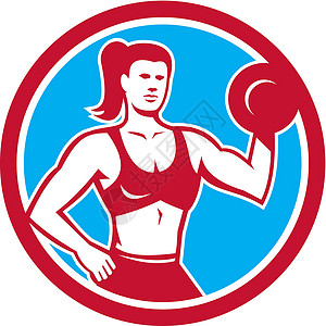 拳击运动宣传会女性举起哑铃圈协会会锻炼哑铃运动员健美艺术品插图身体素质力量女士肌肉插画