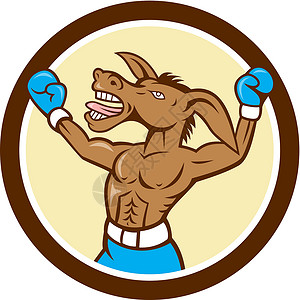 驴拳拳赛庆祝圆环卡通动物插图胜利拳击手蓝色艺术品手套圆圈卡通片背景图片