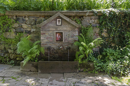 花园喷泉绿色石头回廊灌木背景图片