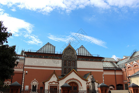 特列季亚科夫俄罗斯莫斯科特雷特亚科夫画廊玻璃联盟城市入口雕像旅行纪念碑红色宗教艺术背景