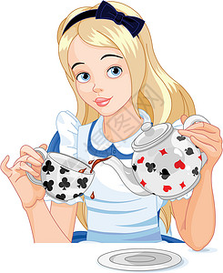 爱丽丝喝茶杯盘子茶壶夹子想像力绘画魔法裙子杯子评书女孩们背景图片