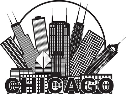 中西部芝加哥城市天空线黑白在圆圈中插图设计图片