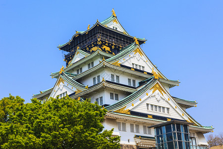 日本大阪大阪城堡天空复制品堡垒旅行遗产月亮灌木丛建筑场景观光背景图片