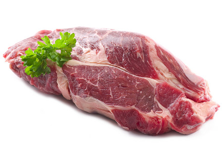 肉白色肋骨大理石纹牛扒食物香菜红色背景图片