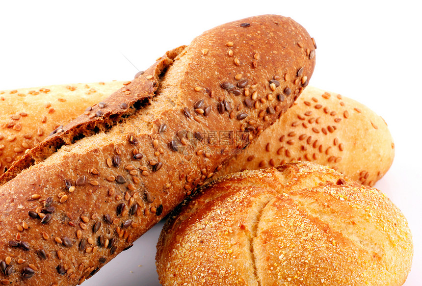 白色背景上孤立的新鲜面包金子面粉糕点粮食脆皮面团面包师种子饮食食物图片
